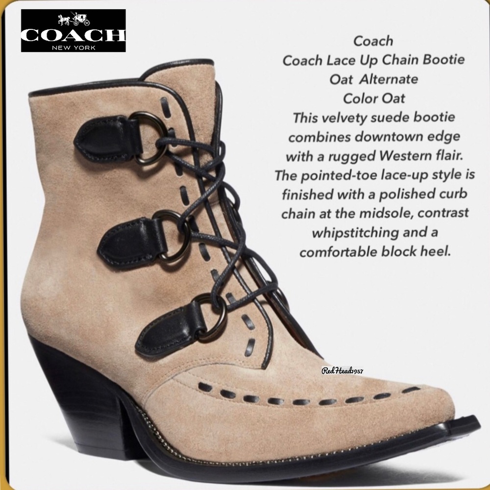 ๐ HTF! ๐ฅ๐ธ๐ป Coach Lace-Up Chain Oak Booties NIB๐ข ๐ FIRM PRICE๐ฅ๐ฅ๐ฅ - Picture 2 of 13